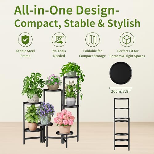 7 Tier Black 7.9 Inch Tray Folding Plant Rack Shelf for Living Room - color: BlackDisk, size: 6-tiers