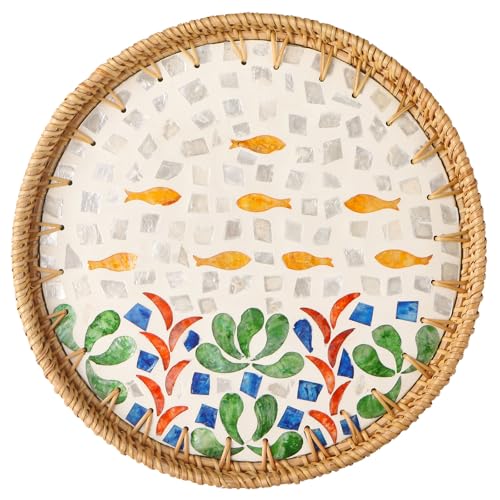 Round Rattan Tray with Mother of Pearl Inlay, Decorative Wicker Serving Tray with Wooden Base, Woven Basket Trays for Bread Fruits Coffee | Coffee Table Serving Tray, Home Decorative Wicker Woven, for Outoor Patio Decor - color: Seabed