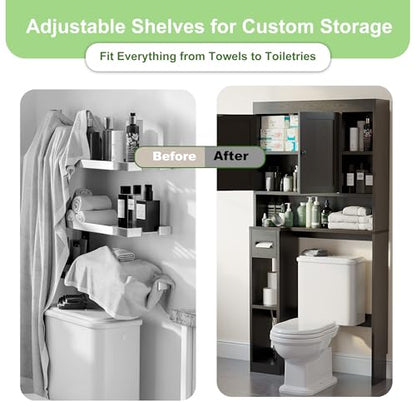 Over The Toilet Storage Cabinet with 7 Shelves, Imitation Walnut Grain Above Toilet Bathroom Organizer with Toilet Paper Holder Stand, Space Saver for Restroom, Laundry, Bathroom (Black) - color: Black