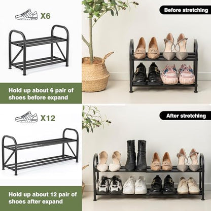 2-Tier Shoe Rack for Closet, 16"-32" Expandable Shoe Rack, Adjustable for Entryway Closet Doorway Sturdy Metal, Black - color: 2 Layers and 6 Tubes