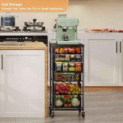 6-Tier Kitchen Storage Cart -Fruit Vegetable Storage Cart with Drawers, Wooden Top Metal Wire Kitchen Organizer and Storage Cart with Wheels to Storage Onions Potatoes Cans Snacks for Kitchen - size: 6-Tier Black