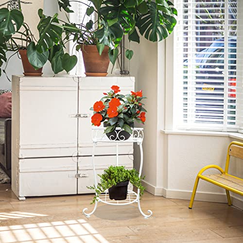 NAKUPE White Metal Plant Stand, 18.5 inch Tall 2 Tier Potted Holder Rack, Heavy Duty Flower Pot Shelf for Indoor Outdoor Patio Balcony Corner Garden
