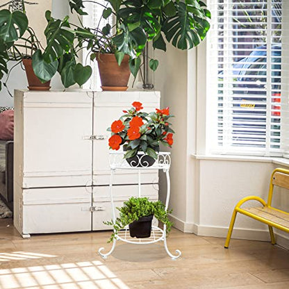NAKUPE White Metal Plant Stand, 18.5 inch Tall 2 Tier Potted Holder Rack, Heavy Duty Flower Pot Shelf for Indoor Outdoor Patio Balcony Corner Garden