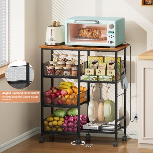 Rolling Kitchen Microwave Organizer Cart, Adjustable Shelves, Black | Kitchen Island Storage Cart with Tilt-Out Baskets & Lockable Wheels, 27.75"L × 15.35"W × 32.9"H, for Coffee Bar & Living Room - color: Black