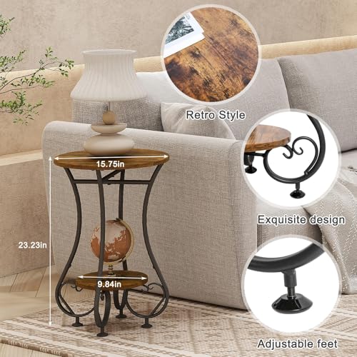 X-cosrack Small Round Side Table with Lower Shelf for Small Spaces, Compact End Table for Sofa, Bedside Nightstand, Coffee & Drink Table for Living Room, Bedroom, Balcony - color: Rustic Spliced Wood