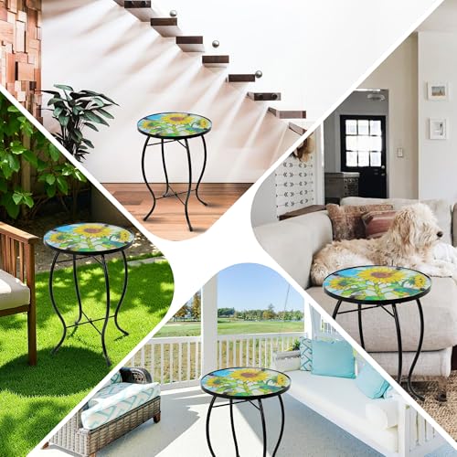 Small Side Table with Metal Frame, 10.5" Round Side Tables with Sunflower Pattern,Outdoor Table for Balcony,Terrace,Garden,Living Room - color: Sunflower