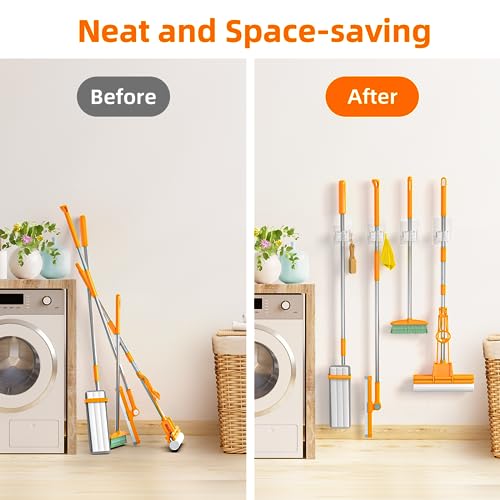 Batur Broom Holder Wall Mount, 4 Pack New Version Adhesive Mop and Broom Holder Wall Mount, Super Anti-Slip Broom Hanger Mop Organizer Wall Hanging for Bathroom, Kitchen, Laundry Room - color: Transparent