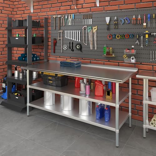AmGood Stainless Steel Work Table with 1.5" Backsplash and 2 Shelves | Metal Kitchen Food Prep Table | NSF (72" Long x 30" Deep) - size: 72" Long x 30" Deep