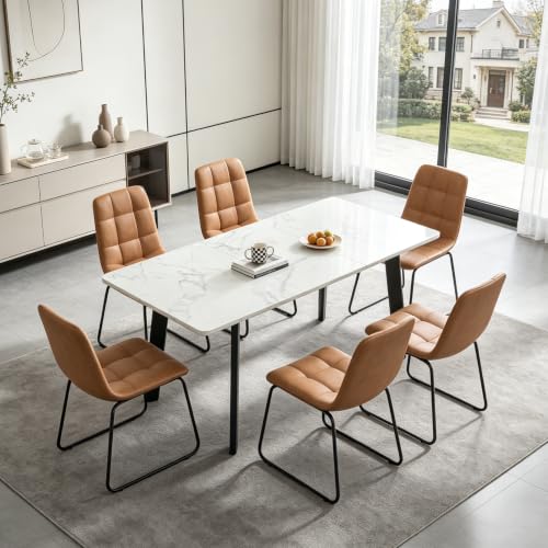47.2"-63" Extendable Dining Room Table Set for 4-8 People, White | Removable Extension Leaf, Durable MDF Rectangle Tabletop, 6 Brown U-shaped PU Leather Chairs, Heavy Duty Modern Kitchen Table - color: 47.2'' - 63'' White Table+6 U Brown Chairs