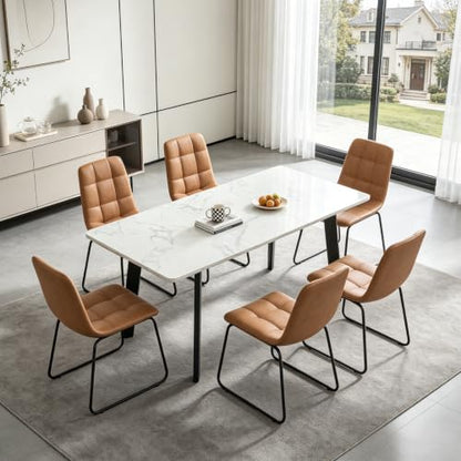 47.2"-63" Extendable Dining Room Table Set for 4-8 People, White | Removable Extension Leaf, Durable MDF Rectangle Tabletop, 6 Brown U-shaped PU Leather Chairs, Heavy Duty Modern Kitchen Table - color: 47.2'' - 63'' White Table+6 U Brown Chairs