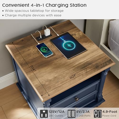 T4TREAM 24" Farmhouse Nightstands with 2 Drawers, Rustic Oak Antique Blue | 4 Solid Wood Feet, Charging Station, Tall Rustic Wood Square, Sofa Side Table, Living Room, Bedroom - color: Rustic Oak Antique Blue