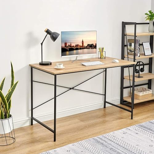 FurnitureR Computer Desk 42.7-Inch Home Office Desk Student Writing Desk with Metal Legs Wood Top Modern Simple Workstation for Small Rooms, 42.7 x 23.6 x 29.7 in, Oak and Black - color: Oak and Black
