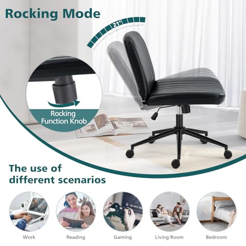 OLIXIS Criss Cross Chair with Wheels, Vanity Chair, Home Office Desk | Wide Seat Armless, Faux Leather, Height Adjustable Swivel Rolling, Home Computer Task Seating for Bedroom Study, Black PU - color: Black Pu