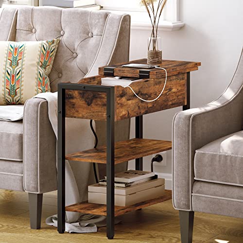 HOOBRO Set of 2 End Tables, Side Table with Charging Station, Flip Top Nightstand with USB Ports and Outlets, Bedside Tables with Shelf for Small Spaces, Living Room, Bedroom, Rustic Brown BF341BZP201 - color: Rustic Brown + Black