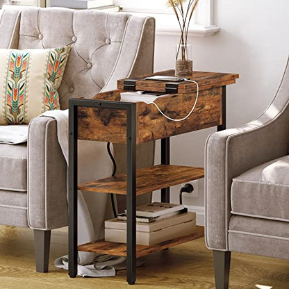 HOOBRO Set of 2 End Tables, Side Table with Charging Station, Flip Top Nightstand with USB Ports and Outlets, Bedside Tables with Shelf for Small Spaces, Living Room, Bedroom, Rustic Brown BF341BZP201 - color: Rustic Brown + Black