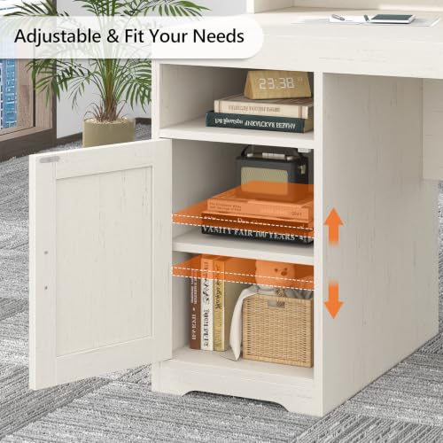 TVU 65" White Computer Desk with Drawers and Printer Stand for Home Office | Office Desk with Power Outlets and Storage Cabinet, Study Writing Desks with Long Monitor Stand - color: White