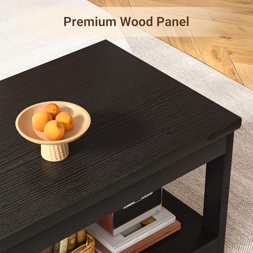 Homieasy 43.3” Rectangular Coffee Table with Storage Shelf, Black | Farmhouse Wood Center Table for Living Room, Modern Black Tea Table with Open Shelf - color: Black