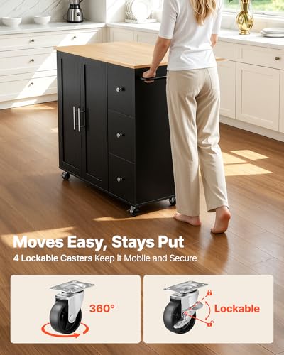 VEVOR Kitchen Island Cart with Storage, 42.4 in Wide Mobile Rolling Storage Island on Swivel Wheels, with 3 Drawers, Storage Cabinet, Drop Leaf, Towel Rack, Table for Home Dining Room, Black - size: 42.4" W (dropleaf)