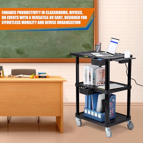 ELAFROS Heavy Duty 3-Tier AV Cart with Power Strip, 27.5 x 18.25 Inch, Industrial Plastic, 330 lbs Capacity, Flat Top Shelves with Swivel Wheels – Multipurpose Rolling cart - style: With Power Strip