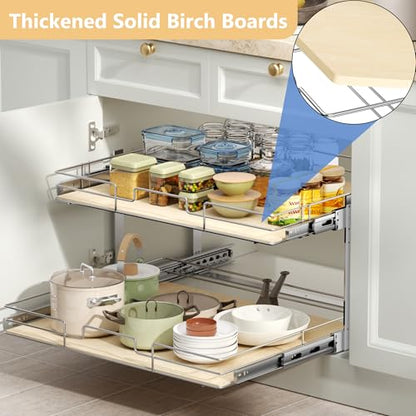 ROOMTEC 2 Tier Individual Pull Out Cabinet Organizer 19½"W x 21½"D, Slide Out Wood Shelves Organizers, Pull Out Drawers Organization and Storage for Kitchen Cabinet - size: 19½" W x 21½" D