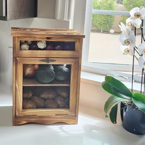Ikee Design Free Assemble Wood Countertop Potato and Onion Storage Cabinet | Pine wood countertop cabinet with removable shelf stores bread, potatoes, onions and pantry essentials; fully assembled. - color: Rustic Brown, 2 Door