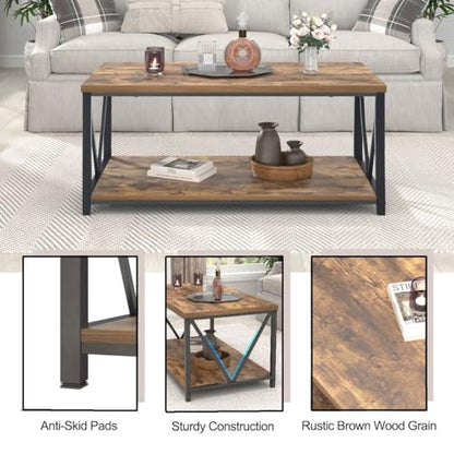 EXCEFUR Modern Coffee Table, Industrial Metal and Wood Living Room Table with Storage Shelf, Rustic Brown - color: Rustic Brown, size: 39 inch