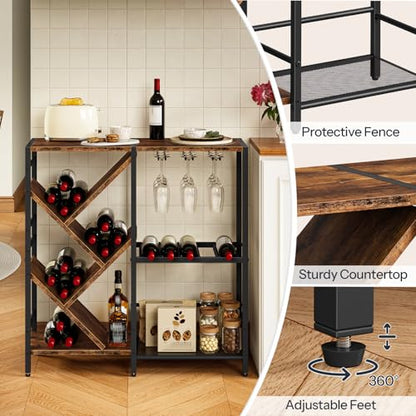 HOOBRO Liquor Cabinet Bar, Wine Rack Freestanding Floor, 3-Tier Wine Rack with Glass Holder, Liquor Bar Cabinet, Mini Bar Table with Bottle Display Rack for Home Bar, Rustic Brown and Black BF36JJ01