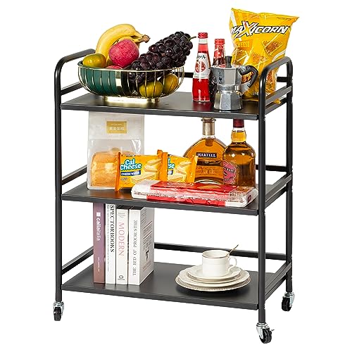 DCLRN 3 Tier Rolling Cart with Lockable Wheels Sturdy Construction,Solid Shelves,Recessed Screw Holes Ideal for Kitchen and Home Storage Size:23.6" Dx11.8 Wx29.5 H(Black) - size: Large