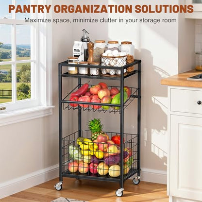Fruit Vegetable Cart, 3-Tier Snack Cart on Wheels & Wood Top, Black | Vegetable Rack For Kitchen, Kitchen Cart Organizer for Fruit, Vegetables, Potato, Snack - color: Black, style: 3-Tier