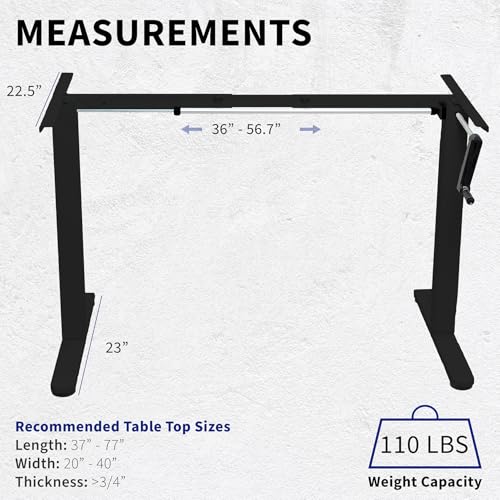 VIVO Compact Hand Crank Stand Up Desk Frame, Black, DESK-M051MB | For 37 to 77 inch Table Tops, Height Adjustable, Ergonomic Standing Desk Legs, Foldable Handle - color: Black