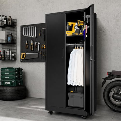 71'' Metal Garage Storage Cabinet with Wheels & Hanging Rod,Black Lockable Tool Cabinets with Pegboard & Adjustable Shelves,Heavy Duty Steel Tall Cabinets for Garage Warehouse Basement Broom - color: Black, style: 71"H 2 doors with Rod & wheels