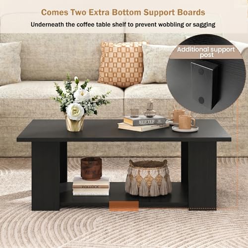 POWERSTONE 41 Inch 2-Tier Coffee Table with Storage Shelf, Wood Farmhouse Center Table with L Legs & Extra Bottom Support for Living Room, Black - color: Black