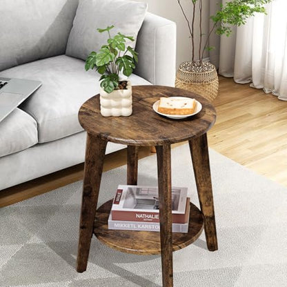 Small Round Side Table Wooden End Table with Lower Shelf Modern Nightstand Bedside Table for Small Spaces, Living Room, Bedroom Retro Brown - color: Brown