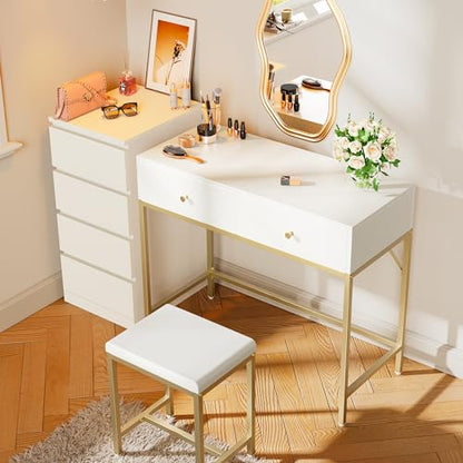 SUPERJARE 35.4" White and Gold Desk with 2 Drawers, Modern Makeup Vanity | Vanity with Padded Stool, Small Computer Desk Home Office Desk for Writing Study Bedroom - color: Gold and White, size: 35.4 inch