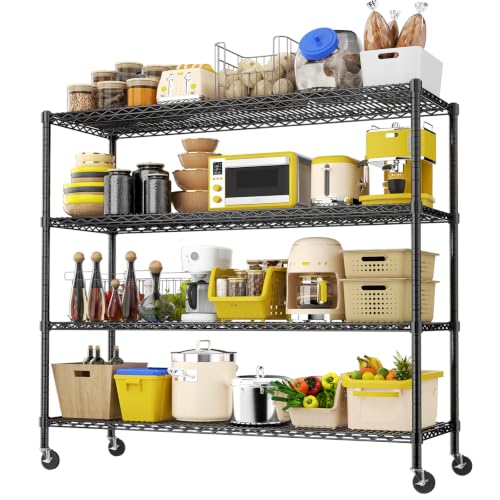 Storage Shelves with Wheels, 60" L x 24" W x 72" H Heavy Duty Garage Wire Shelving Unit Loads 3200LBS, 4-Tier Adjustable Metal Industrial Utility Shelf Rack for Kitchen, Laundry Room, Basement - color: Black, size: 60" L x 24" W x 76" H with wheels