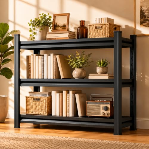 Modern Metal Book Shelf, Heavy Duty Black Bookshelf, Bolt-Free Deep Bookcase for CDs Movies Garage Kit, Adjustable Bookshelf in Living Room, Bedroom, Kitchen, Office, 36" W x14 D x32 H - size: 3-Tier 36"W x14"D x32"H