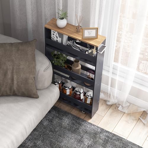 4-Tier Slim Rolling Storage Cart, Wooden Kitchen Utility Cart with Wheels & Handle, Space Saving Trolley, Slide Out Shelving Unit for Narrow Spaces, Laundry, Bathroom (Grey + Natural) - color: Grey + Natural