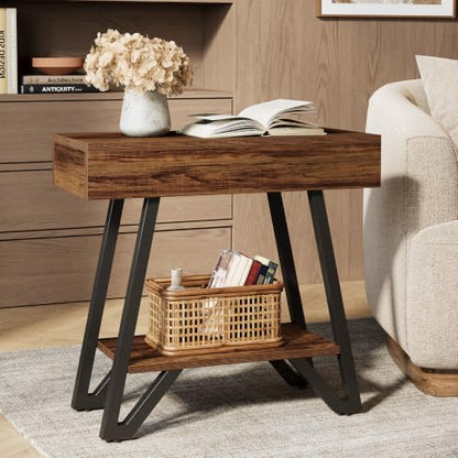 Tribesigns Metal End Side Table for Living Room, 2-Tier Narrow Couch Side Table with Storage Shelves, Small Bedside Nightstand for Bedroom, Small Spaces, Natural(Set of 2)
