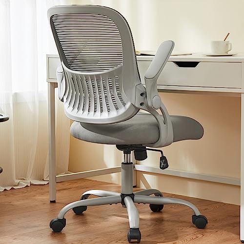 Sweetcrispy Office Computer Desk Chair, Ergonomic Mid-Back Mesh Rolling Work Swivel Task Chairs with Wheels, Comfortable Lumbar Support, Comfy Flip-up Arms for Home, Bedroom, Study, Student, Gray - color: Grey, size: 18.49"D
