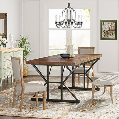 Tribesigns Farmhouse Dining Table for 6 People, 70.8-Inch Rectangular Wood Dining Table, Rustic Kitchen Table with Heavy Duty Metal Legs for Dining Room - color: Brown/Black