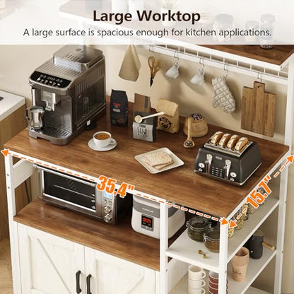 TVU Bakers Rack with Power Outlet and LED Light, Microwave Stand with Storage Cabinet, Coffee Bar Cabinet Station with 6 Hooks for Kitchen, Dining Room, Living Room, Coffee Bar, Walnut, White - color: Walnut + White