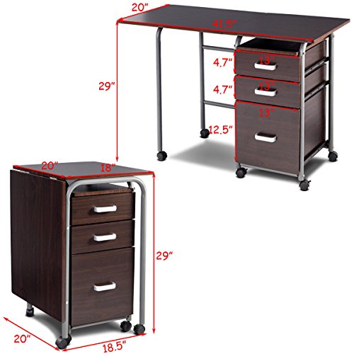 Tangkula Folding Computer Desk with 3 Drawers, Mobile Home Office Desk, Portable Laptop Desk Writing Table, Space Saving Compact Desk for Small Spaces, Dorm, Apartment - color: Brown