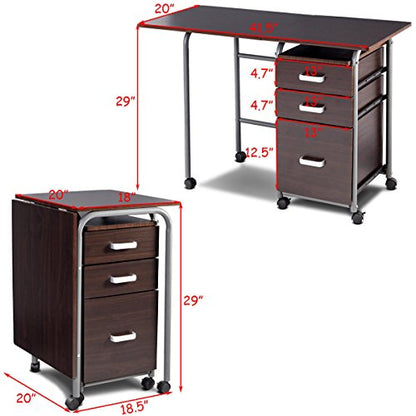 Tangkula Folding Computer Desk with 3 Drawers, Mobile Home Office Desk, Portable Laptop Desk Writing Table, Space Saving Compact Desk for Small Spaces, Dorm, Apartment - color: Brown
