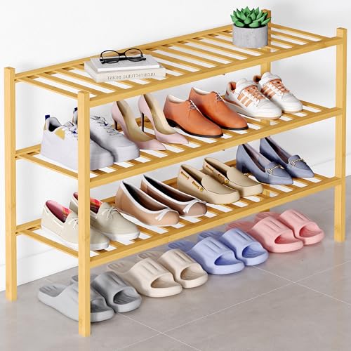 Smiry Bamboo Shoe Rack for Closet, 3 Tier Long Wooden Shoe Organizer, Stackable Wood Shoe Storage Shelf for Entryway, 14 Vertical Slats, One-piece Heavy-Duty Legs, 33.86"x11.02"x18.31", Natural - color: Natural, size: 3 Tier - Long