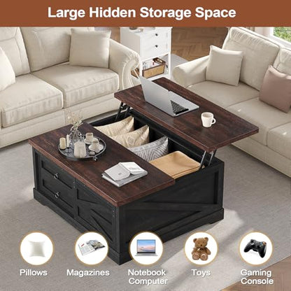 Itaar 39.4'' Lift Top Coffee Table with Storage, Farmhouse Coffee Tables for Living Room, Square Coffee Table with Large Hidden Compartment & 2 Drawers & Adjustable Shelves, Black+Walnut - color: Black+walnut