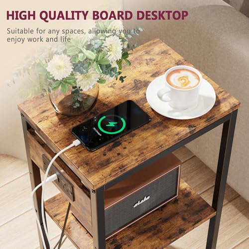 Side Table with Charging Station, Nightstand with USB Ports and Outlets, Tall Side Table with 3 Storage Shelves, Small Entry Table for Living Room, Bedroom, Sofa Couch, Hallway, Office, Rustic Brown - color: Rustic Brown, style: With Outlet