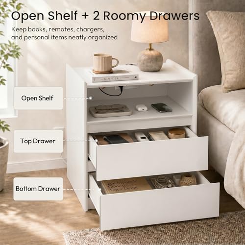 24" Tall Nightstand with Charging Station Including USB-C, Modern Bedside Table and Sofa End Table - White, 2 Drawers, 1-Pack - color: White, size: 1-Pack, style: 2 Drawers