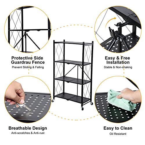 4-Tier Heavy Duty Foldable Metal Rack Storage Shelving Unit with Wheels Moving Easily Organizer Shelves Great for Garage Kitchen, Black - size: 4-Tier
