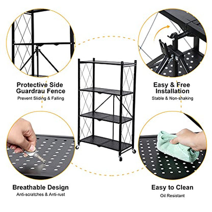 4-Tier Heavy Duty Foldable Metal Rack Storage Shelving Unit with Wheels Moving Easily Organizer Shelves Great for Garage Kitchen, Black - size: 4-Tier