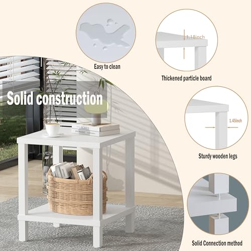 MMEOLUOOK Large End Table Square Side Table Modern Sofa Table 20 Inch Industrial Coffee Table NightStand with 2-Tier Storage Shelf for Living Room Bedroom White MLBZ06W - color: White